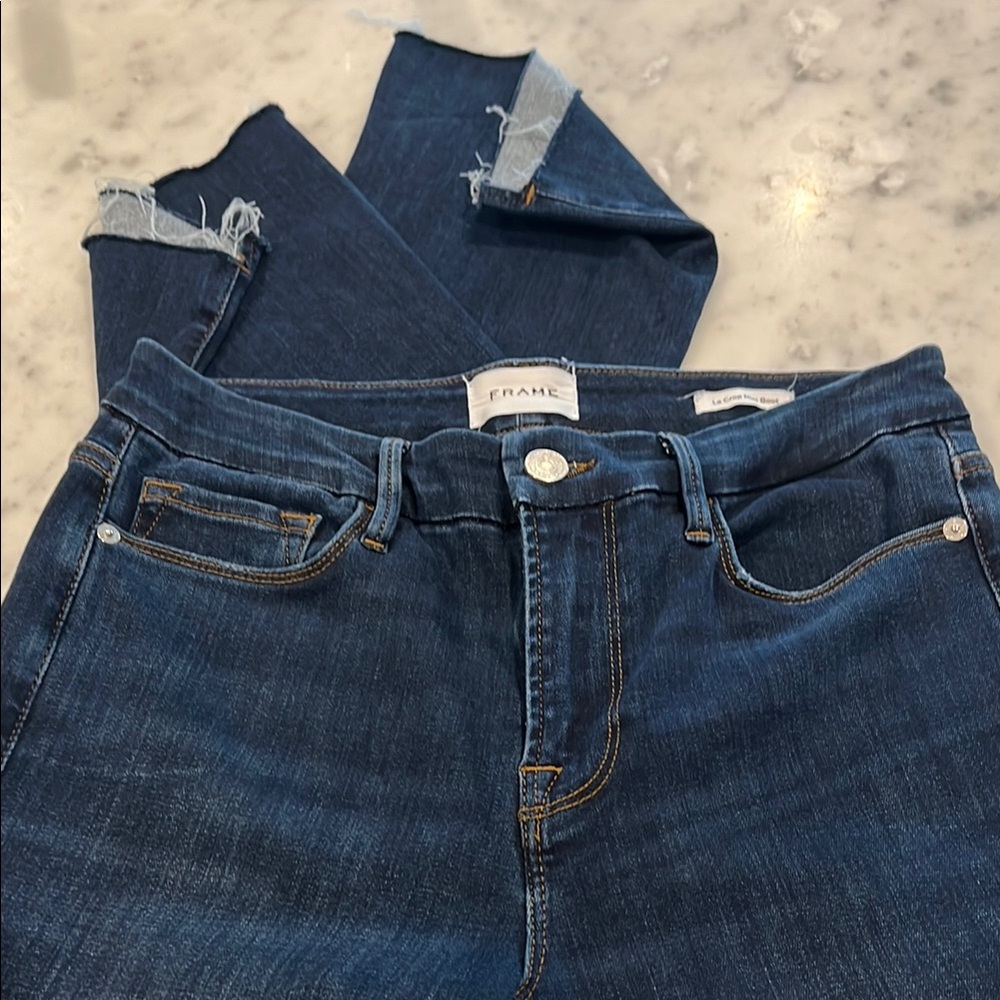 Medium to Dark Blue Ankle Cropped Jeans with Flared Leg and Sturdy Waistband